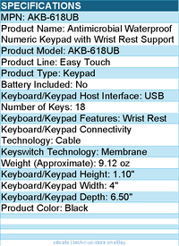 Adesso AKB-618UB Antimicrobial Waterproof Numeric Keypad with Wrist Rest Support