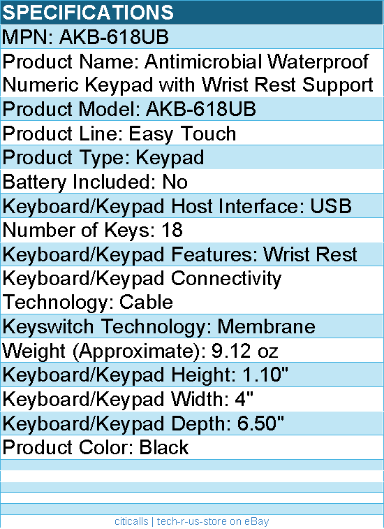 Adesso AKB-618UB Antimicrobial Waterproof Numeric Keypad with Wrist Rest Support