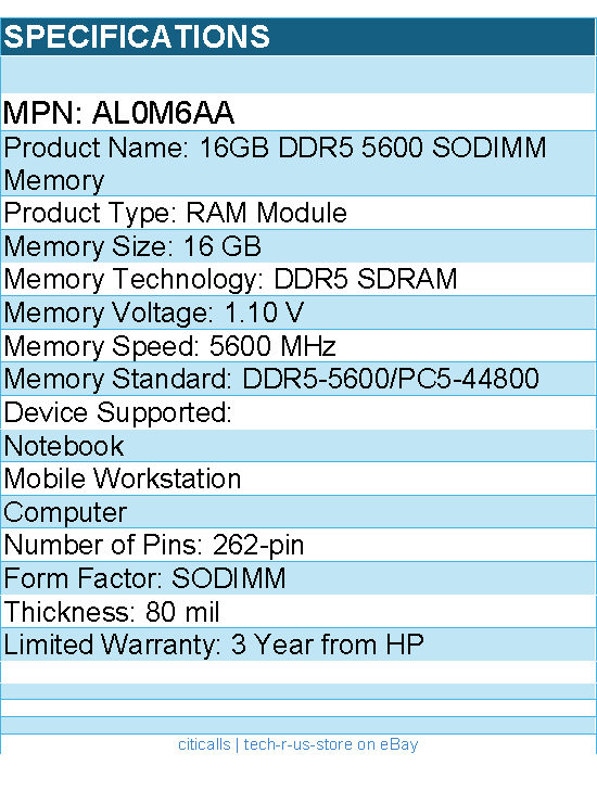 HP AL0M6AA 16GB DDR5 5600 SODIMM Memory - For Notebook, Mobile Workstation