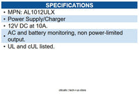 Altronix AL1012ULX Power Supply Charger, Single Fused Output, 12VDC at 10A