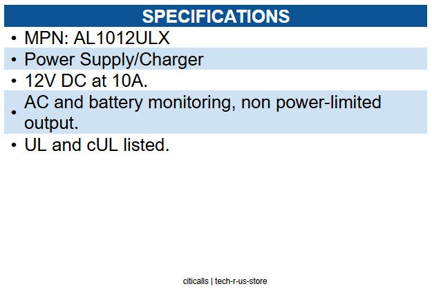 Altronix AL1012ULX Power Supply Charger, Single Fused Output, 12VDC at 10A