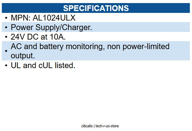 Altronix AL1024ULX Power Supply Charger, Single Fused Output, 24VDC at 10A