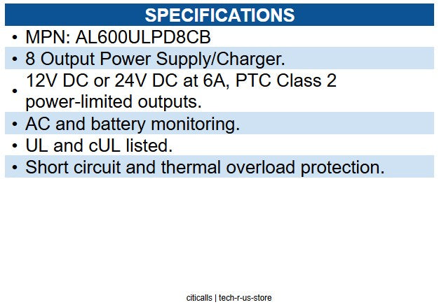 Altronix AL600ULPD8CB Power Supply Charger, PTC Class Outputs, 12/24VDC at 6A