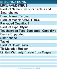 Targus AMM01TBUS Stylus for Tablets and Smartphones - Black