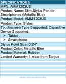 Targus AMM1203US Slim Stylus Pen for Smartphones (Metallic Blue)