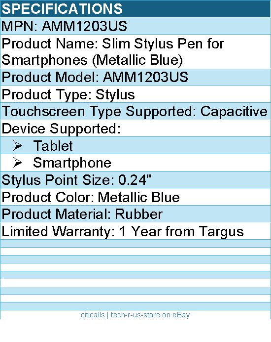Targus AMM1203US Slim Stylus Pen for Smartphones (Metallic Blue)