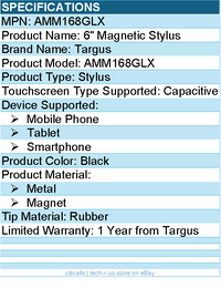 Targus AMM168GLX 6" Magnetic Stylus - Metal, Magnet - Black