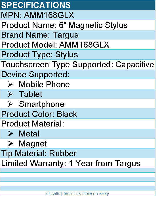 Targus AMM168GLX 6" Magnetic Stylus - Metal, Magnet - Black