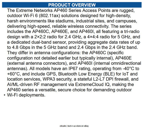 Extreme Networks AP4060-WW P4060-WW Outdoor WiFi 7 Access Point
