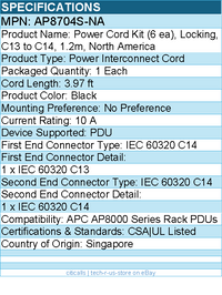 APC AP8704S-NA NetShelter Power Cord - Locking, C13 to C14, 1.2m - 1 Each