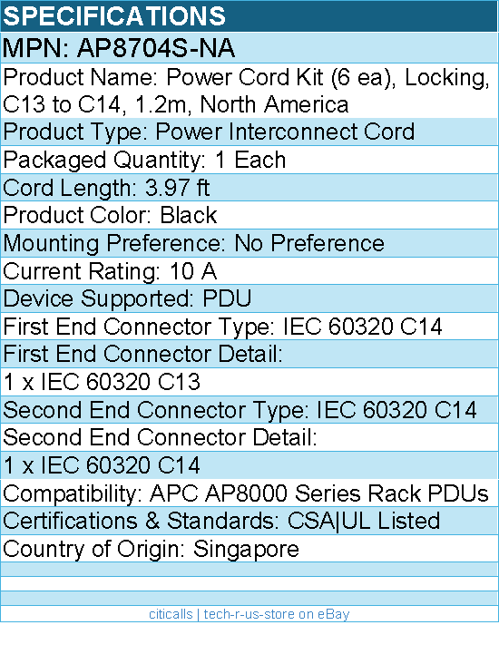 APC AP8704S-NA NetShelter Power Cord - Locking, C13 to C14, 1.2m - 1 Each