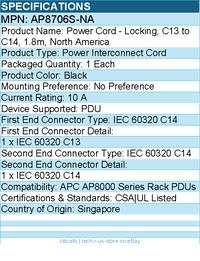 APC AP8706S-NA Power Cord - Locking, C13 to C14, 1.8m, North America