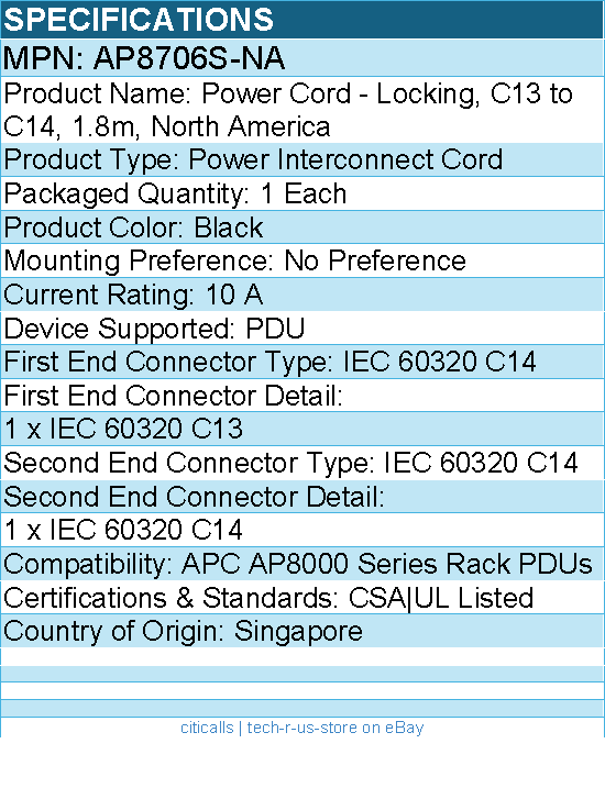 APC AP8706S-NA Power Cord - Locking, C13 to C14, 1.8m, North America