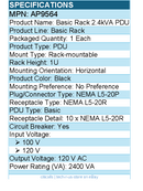 APC AP9564 NetShelter Basic Rack PDU, 1U, 20A, 120V, 10 NEMA 5-20 outlets