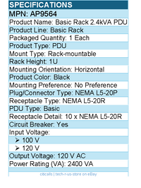 APC AP9564 NetShelter Basic Rack PDU, 1U, 20A, 120V, 10 NEMA 5-20 outlets