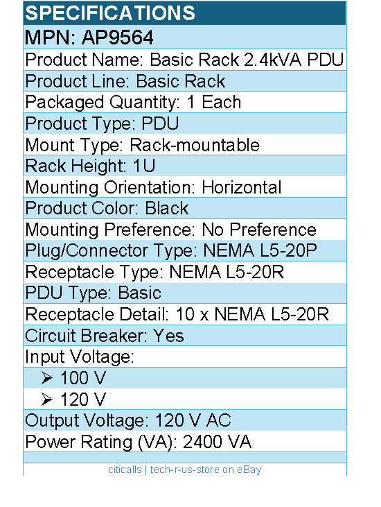 APC AP9564 NetShelter Basic Rack PDU, 1U, 20A, 120V, 10 NEMA 5-20 outlets