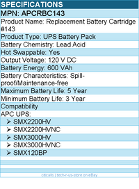APC APCRBC143 Replacement Battery Cartridge for Smart-UPS, 120V 5Ah