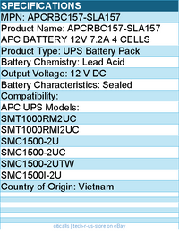 BTI APCRBC157-SLA157 APC BATTERY 12V 7.2A 4 CELLS - for APC UPS: SMT1000RM2UC