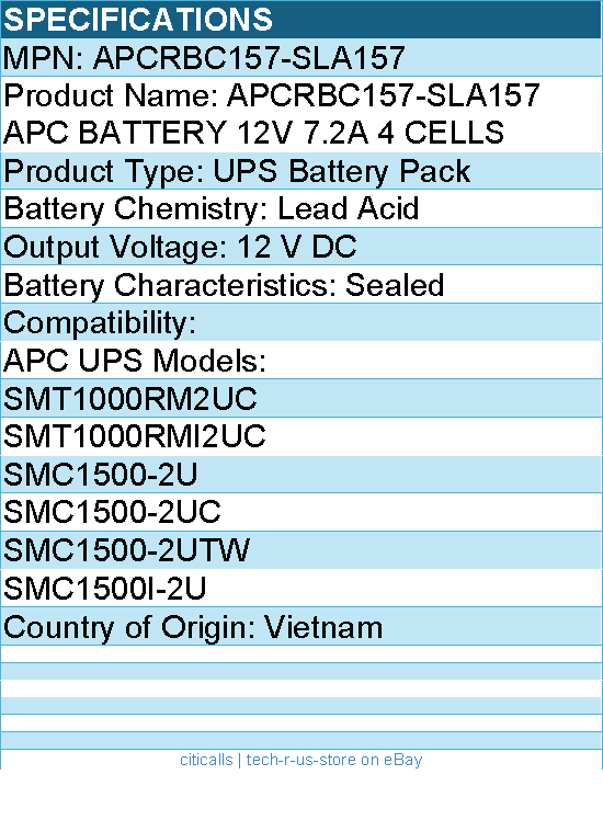BTI APCRBC157-SLA157 APC BATTERY 12V 7.2A 4 CELLS - for APC UPS: SMT1000RM2UC