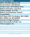 BTI APCRBC160-SLA160 SEALED LEAD ACID BATTERY for APC Back-UPS Pro