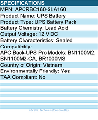 BTI APCRBC160-SLA160 SEALED LEAD ACID BATTERY for APC Back-UPS Pro