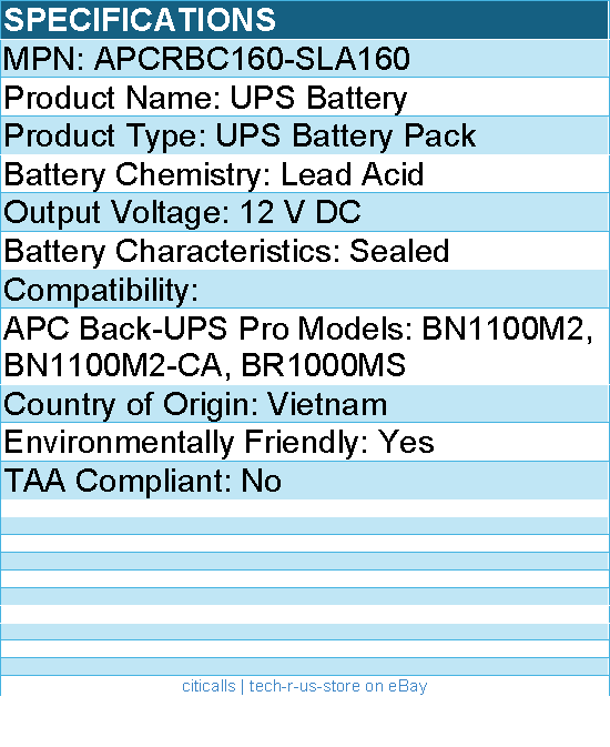 BTI APCRBC160-SLA160 SEALED LEAD ACID BATTERY for APC Back-UPS Pro