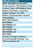 BTI APCRBC161-SLA161 SEALED LEAD ACID BATTERY - 12 V DC for APC UPS