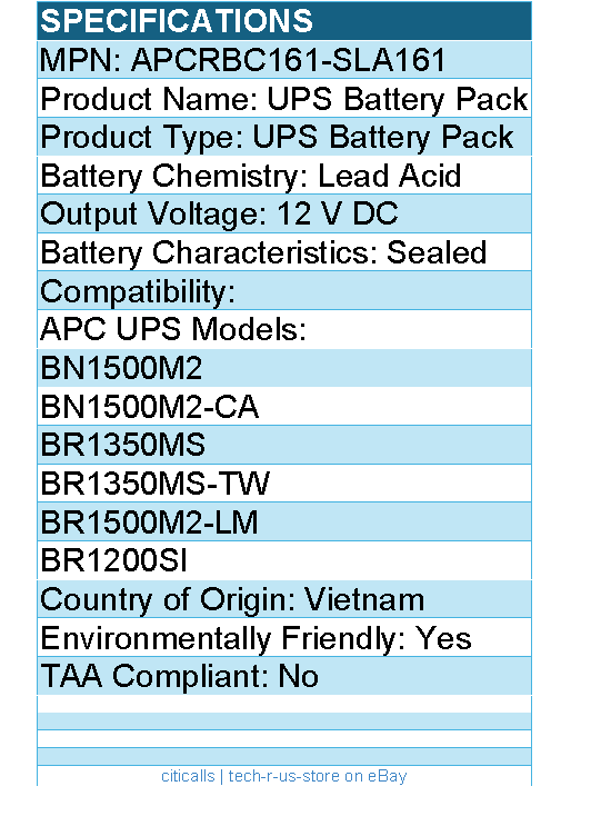 BTI APCRBC161-SLA161 SEALED LEAD ACID BATTERY - 12 V DC for APC UPS
