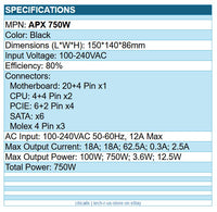 Montech APX 750W ATX12V 80 Plus Power Supply 100-240VAC SATA PCIE 6+2 PIN 20+4