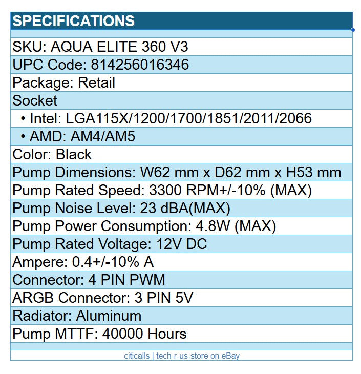 Thermalright AQUA ELITE 360 V3 ARGB V3 Liquid CPU Cooler Fan AIO AMD Intel Black