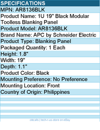 APC AR8136BLK 1U 19" Black Modular Toolless Blanking Panel - Black