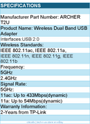 TP-Link Archer T2U AC600 Wireless Dual Band USB Adapter Retail
