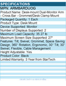 StarTech ARMBARDUOG Desk-Mount Dual-Monitor Arm - Black - For up to 27"