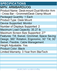 StarTech ARMBARDUOG Desk-Mount Dual-Monitor Arm - Black - For up to 27"