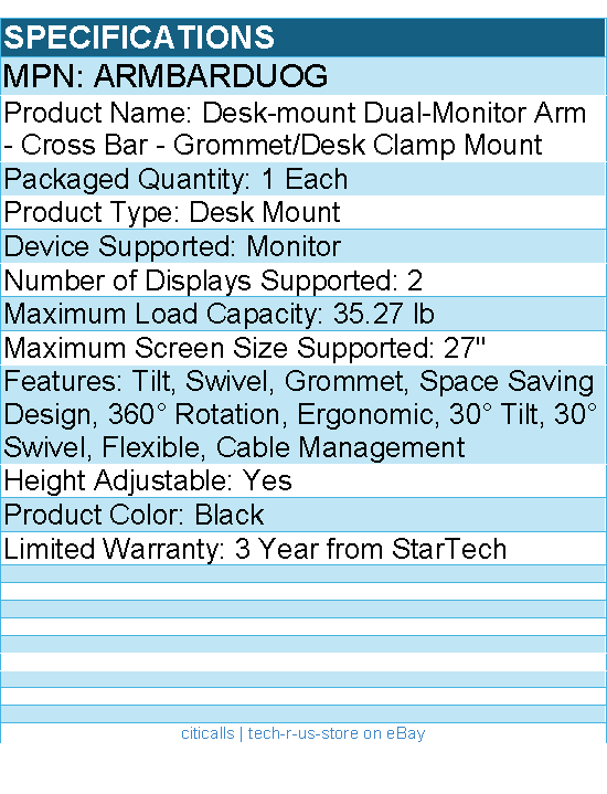 StarTech ARMBARDUOG Desk-Mount Dual-Monitor Arm - Black - For up to 27"