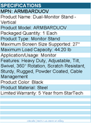 StarTech ARMBARDUOV Vertical Dual Monitor Stand, Heavy Duty Steel, up to 27"
