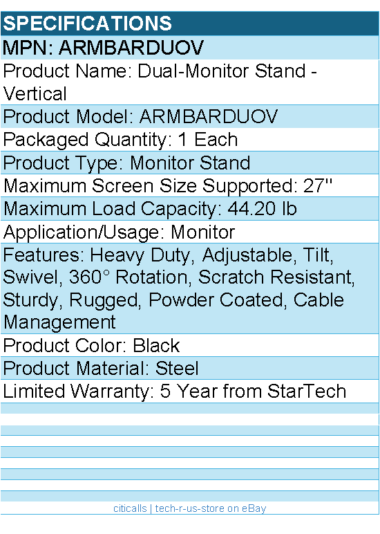 StarTech ARMBARDUOV Vertical Dual Monitor Stand, Heavy Duty Steel, up to 27"