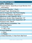 StarTech ARMDUAL Desk Mount Dual Monitor Arm - For VESA Monitors up to 24"