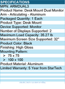 StarTech ARMDUAL3 Desk Mount Dual Monitor Arm - Ergonomic VESA - Black