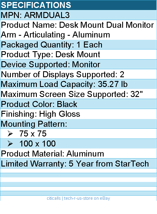 StarTech ARMDUAL3 Desk Mount Dual Monitor Arm - Ergonomic VESA - Black