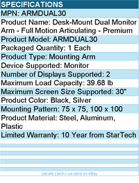 StarTech ARMDUAL30 Desk Mount Dual Monitor Arm, Full Motion - Black, Silver