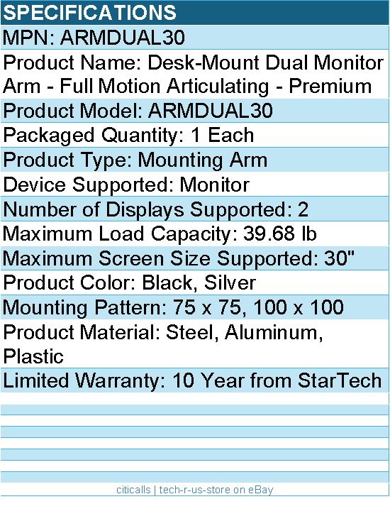 StarTech ARMDUAL30 Desk Mount Dual Monitor Arm, Full Motion - Black, Silver