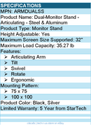 StarTech ARMDUALSS Dual Monitor Stand, Ergonomic Desktop Monitor Stand