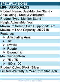 StarTech ARMDUALSS Dual Monitor Stand, Ergonomic Desktop Monitor Stand