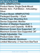 StarTech ARMPIVOTHD Desk Mount Monitor Arm - Heavy Duty - Silver