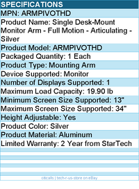 StarTech ARMPIVOTHD Desk Mount Monitor Arm - Heavy Duty - Silver
