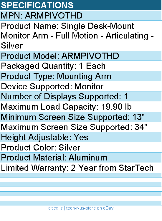 StarTech ARMPIVOTHD Desk Mount Monitor Arm - Heavy Duty - Silver