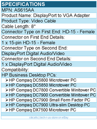 HP AS615AA DisplayPort to VGA Adapter - HD-15 - Female - 8"
