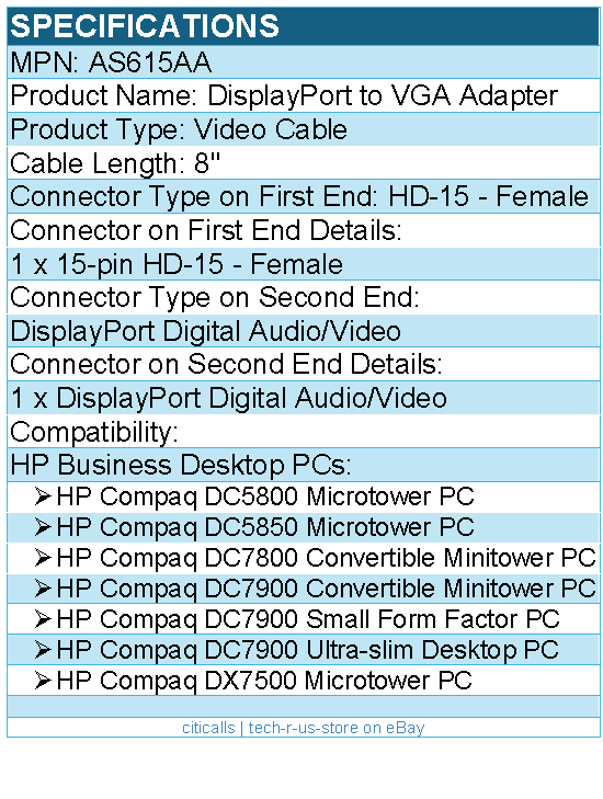 HP AS615AA DisplayPort to VGA Adapter - HD-15 - Female - 8"