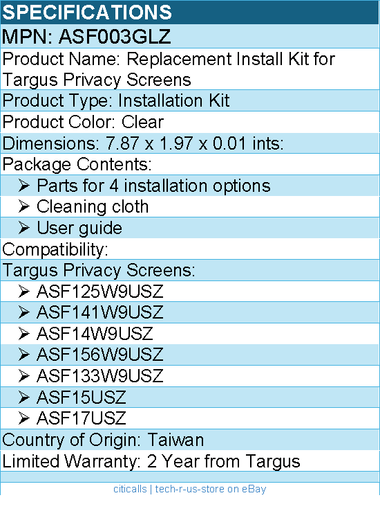 Targus ASF003GLZ Replacement Install Kit for Targus Privacy Screens